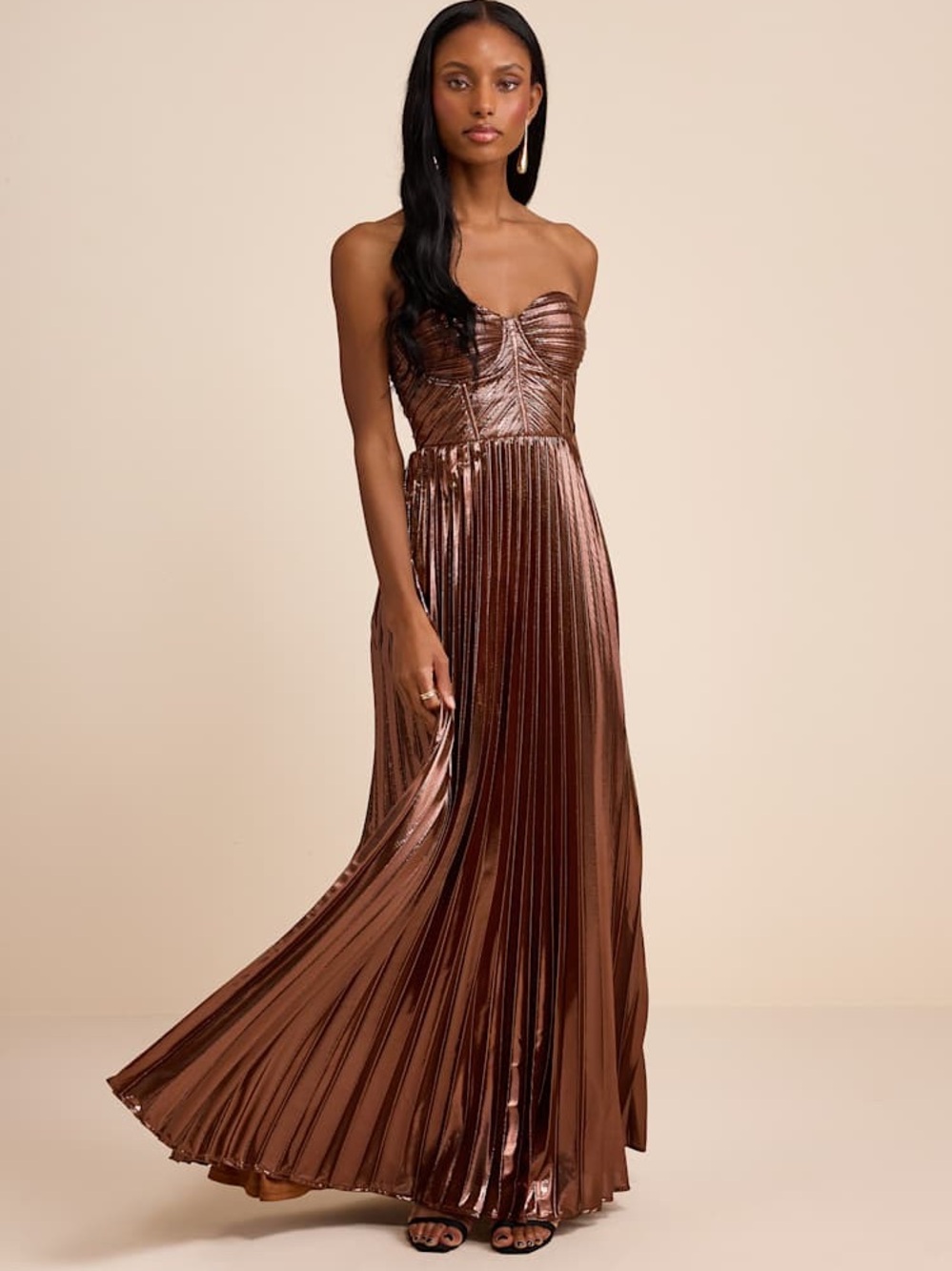 Lulus Shoshone Brown Pleated Lurex Strapless Bustier Maxi Dress - Size XL